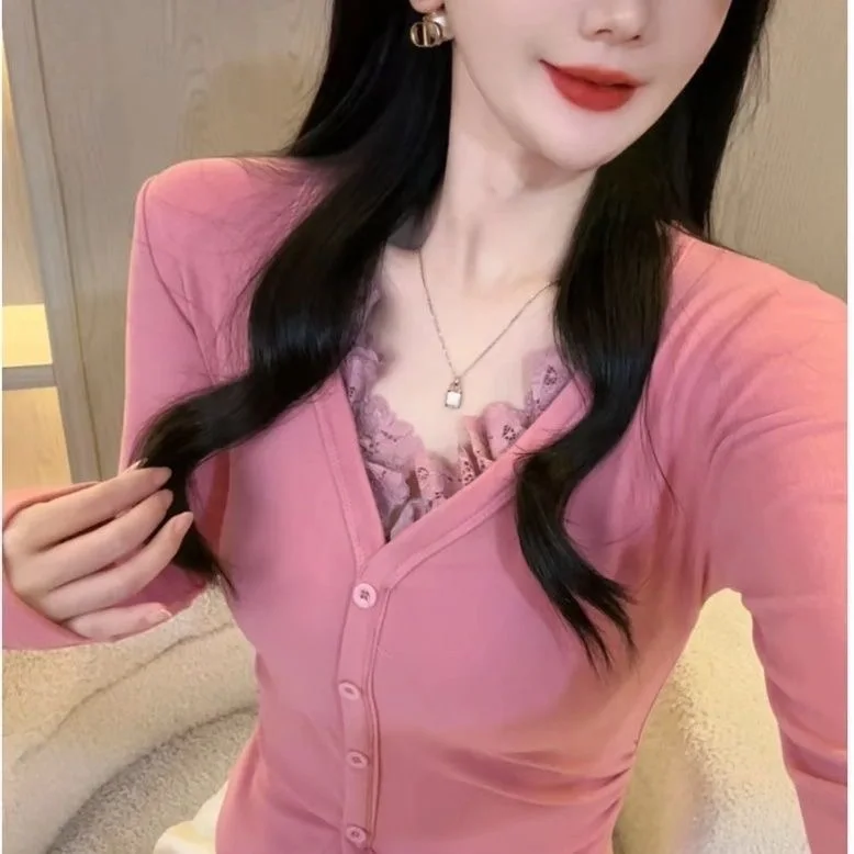 

Двусторонняя бархатная утепленная футболка с кружевными вставками и длинным рукавом, женская облегающая теплая футболка-топ для осени и зимы