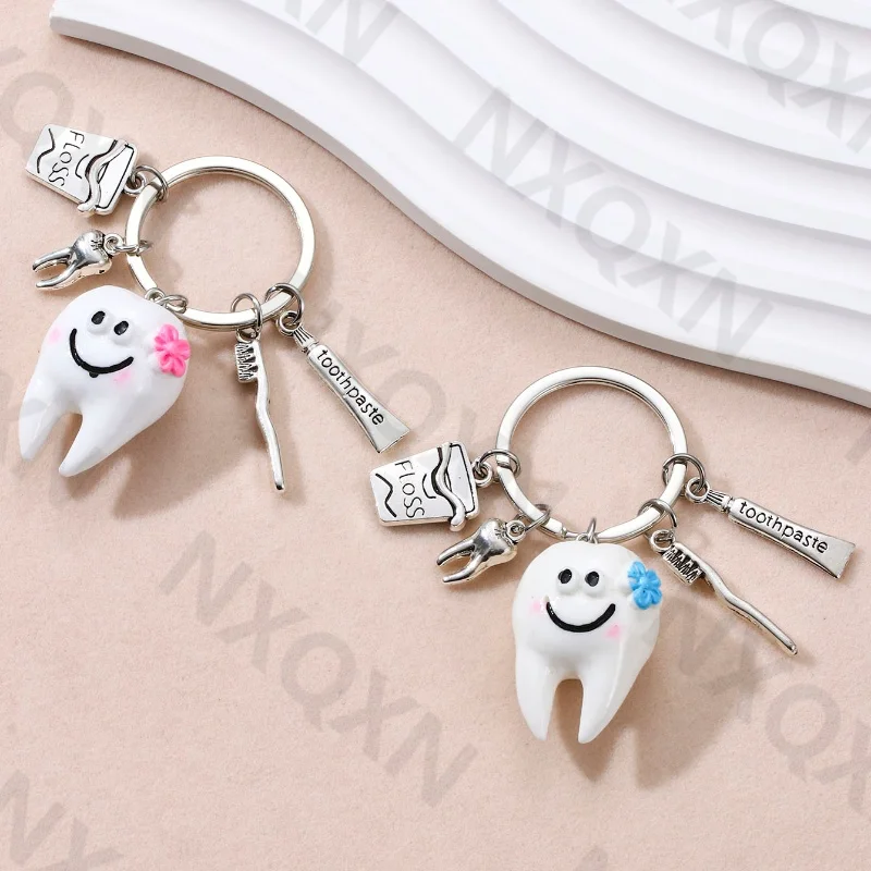 Cartoon Cute Acrylic Tooth Keychain Floss Toothpaste Alloy Key Ring For Women Men Dentist Friendship Gift Handmade Jewelry