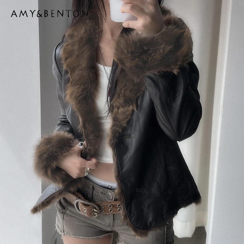 

2025 Autumn Winter New Y2K Hot Girl Locomotive Punk Fur Coat Gothic Dark Sweet Cool Large Lapel Slimming Leather Jacket Ladies