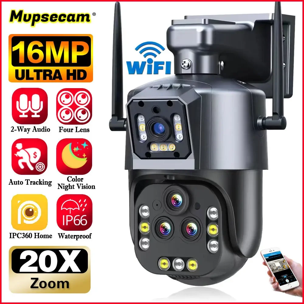 

Ultra 16MP 8K WIFI PTZ IP Camera Surveillance Security Four Lens Camera Optical 20X Zoom Auto Tracking Video CCTV Camera IPC360