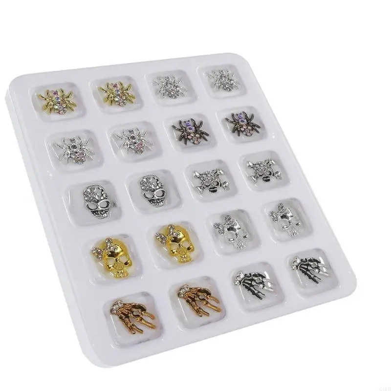 q1fb วินเทจโกธิคอัลลอยเล็บ Art Charms Punk Halloween Silver Skull Art Art