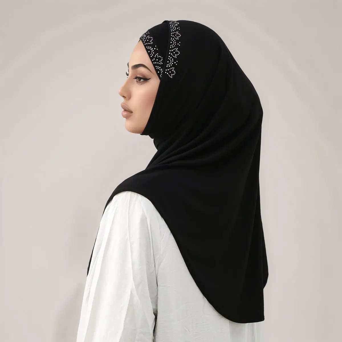 2pcs/set Muslim Instant Hijab with Open Caps Women Rhinestone Jersey Hijab Head Cover Neck Islam Solid Undercap Turban Tube Caps