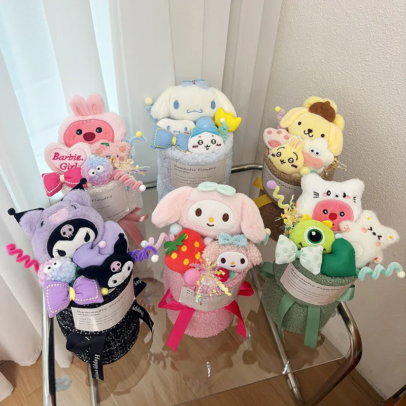 

Cute Sanrio Kuromi Cinnamoroll Mymelody Pompompurin Hello Kitty Kawaii Cartoon Doll Bouquet Anime Girl Valentine's Birthday Gift