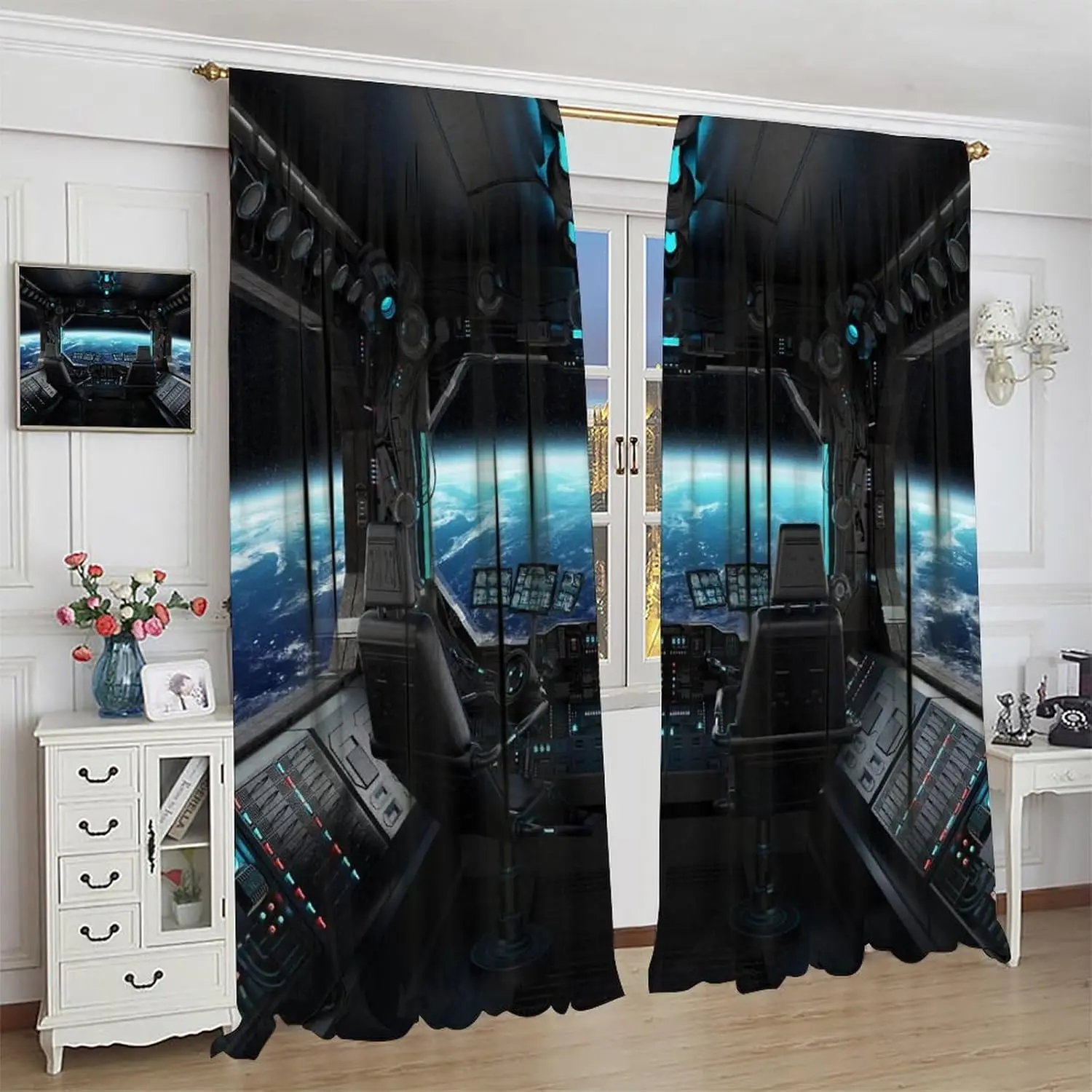 Spaceship Curtains Galaxy Futuristic Science Spacecraft Cabin Art Printed Window Drapes for Kids Boys Bedroom Decor Fabric