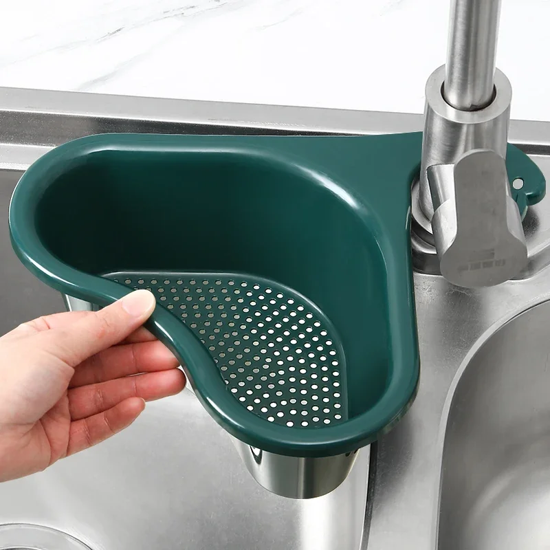 Triangular Draining Rack - Kitchen Sink Organizer with Faucet Space, Hanging Basket & Filter Net for Dish Drying!