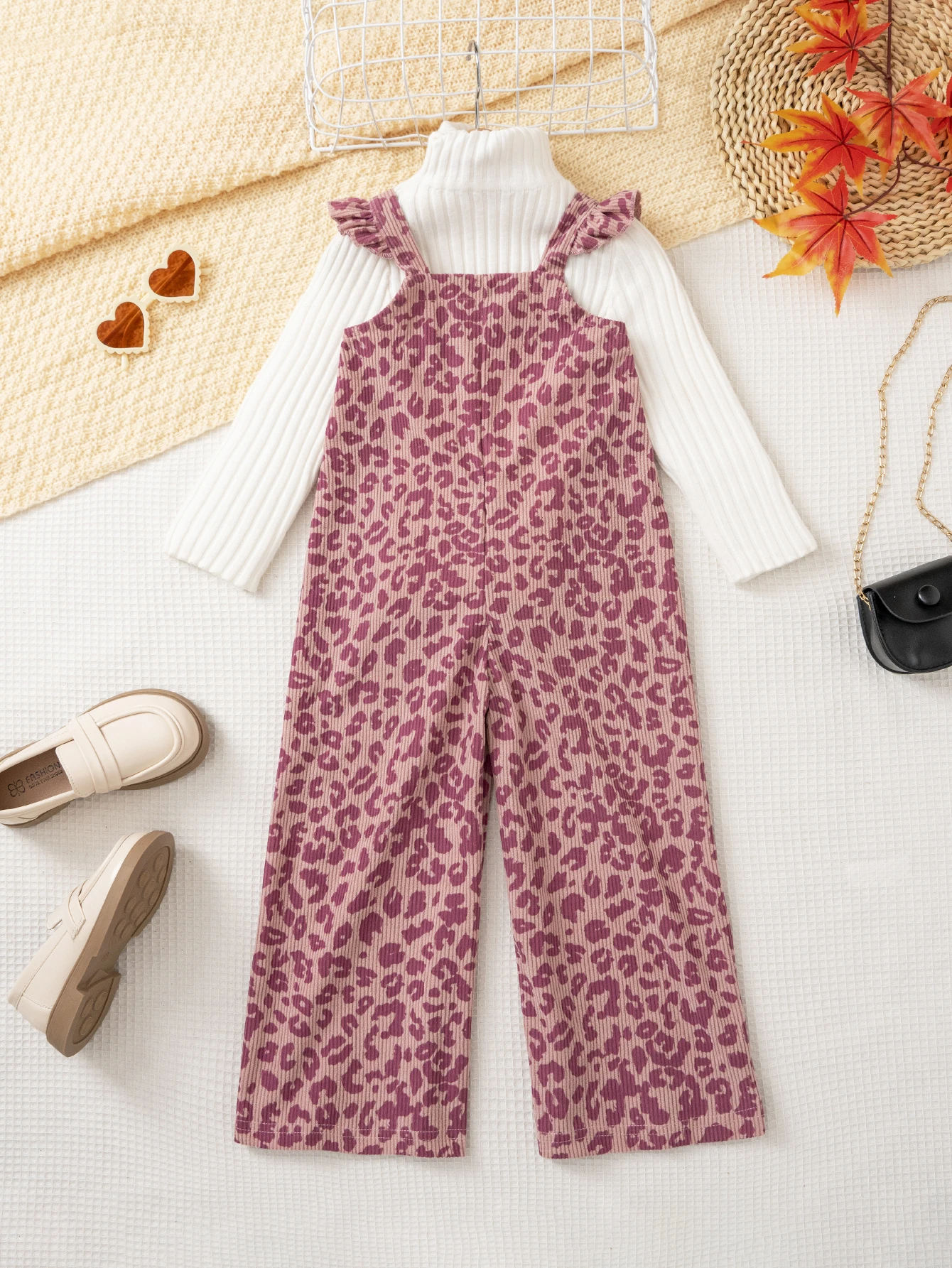 Mädchen Einteiler Overall Leopardenmuster Cord-Jumpsuit Weites Bein Latzhose Mädchen Rüschen-Träger-Strampler Herbst Kinderkleidung – Detail 6
