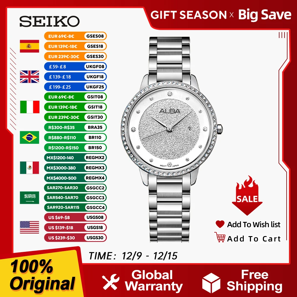 SEIKO Alba Reloj de cuarzo para mujer 6 colores Moda Casual Simple Verano 3Bar Reloj impermeable para mujer