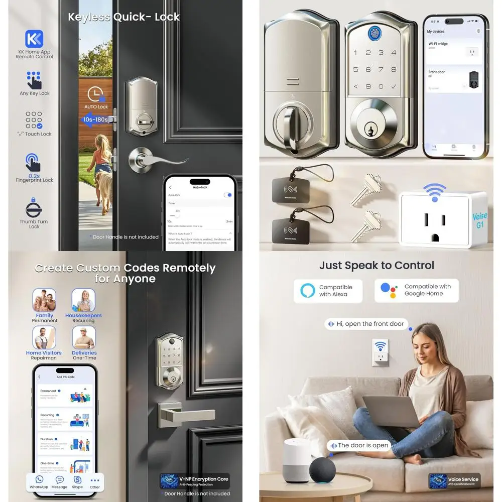 

Умный дверной замок с управлением по отпечатку пальца и через приложение, кодовый ввод, автоматическая блокировка, водонепроницаемый, простая установка, матовый никель