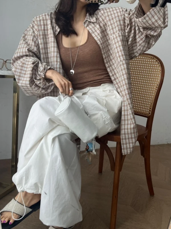 

Женский свободный клетчатый топ с длинными манжетами и винтажным воротником-стойкой, длинный свеч Ne Split Design ket Splicing Top