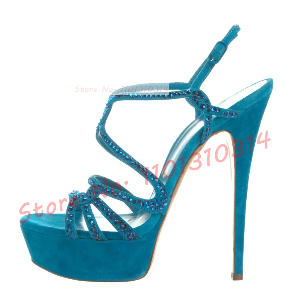 Sandali con plateau in pelle scamosciata di cristallo blu donna Bling Cross Strap Stiletto tacchi alti scarpe Ladies Party Casual eleganti sandali