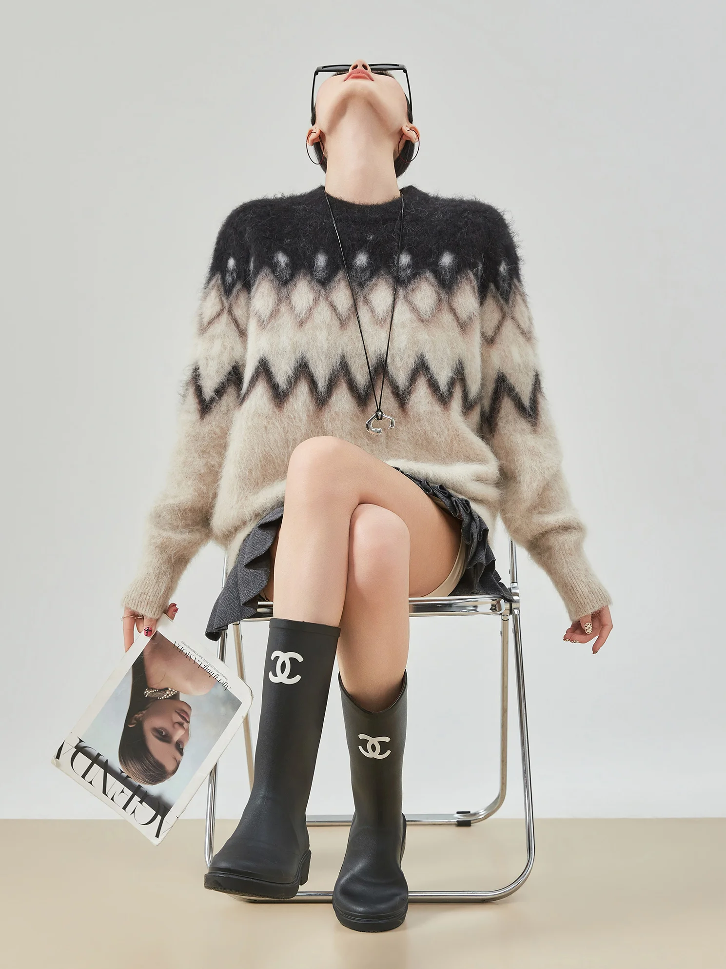 

Retro Color Blo Diamond Print Soft Sweater Women's Loose Lazy Sle Fluffy Heavy Knitted irt Polyester Fiber Long Sve