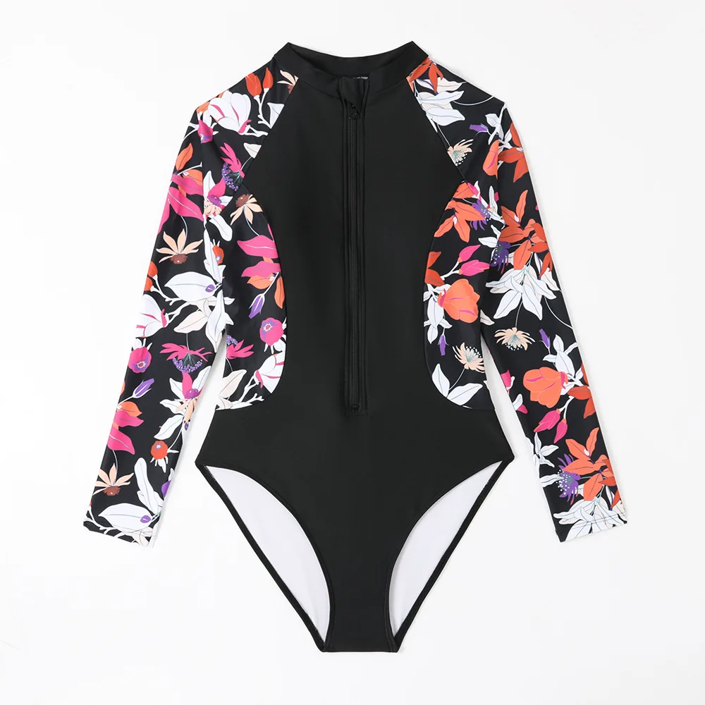 Nadanbao Long Sleeve Zipper Swimwear Women Sexy Beach Party Bodysuit Swimsuit Female Floral Printing Fashion Surfing Beachwear