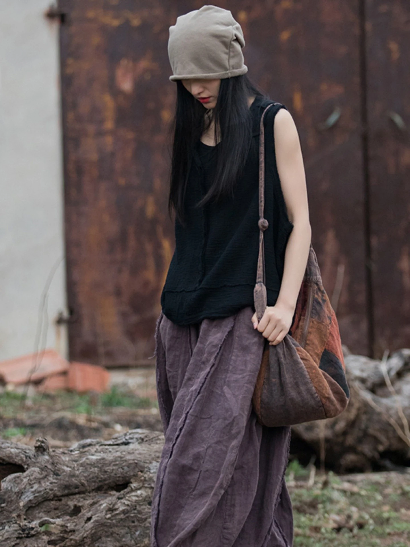 Artistic Washed Cotton Vest Women's Summer Sleeveless Double Layer Travel Casual V-Neck Breathable Comfortable Straight Hem