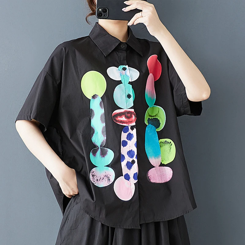 قميص نسائي جديد للصيف بتصميم كاجوال فضفاض بأكمام قصيرة وطباعة بسيطة من مزيج القطن والبوليستر