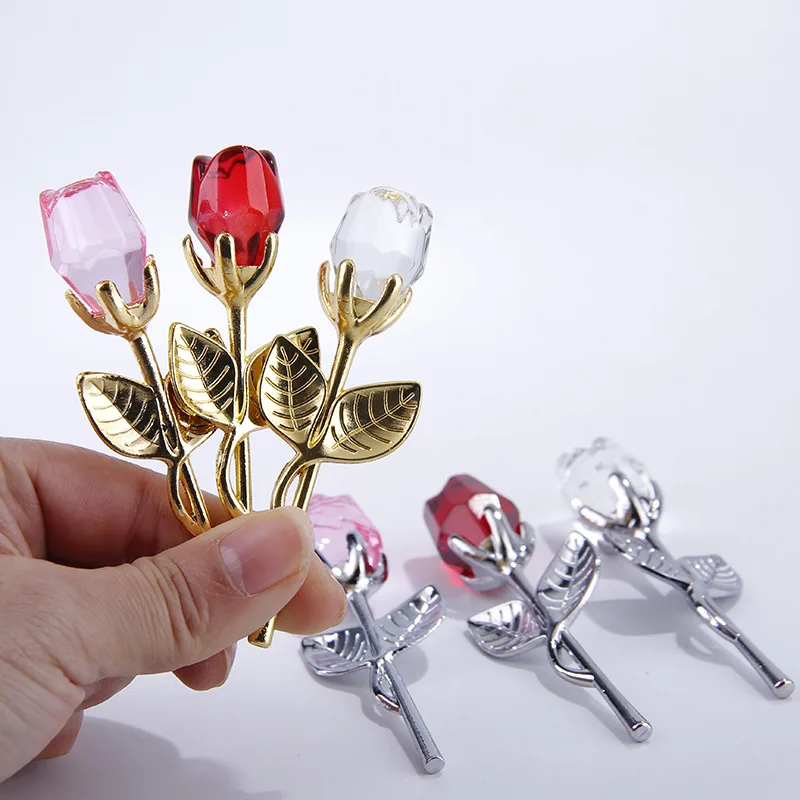 Rose artificielle en verre de cristal, cadeau de saint-valentin, tige en argent et or, fleur Rose pour petite amie, cadeaux de mariage pour invités