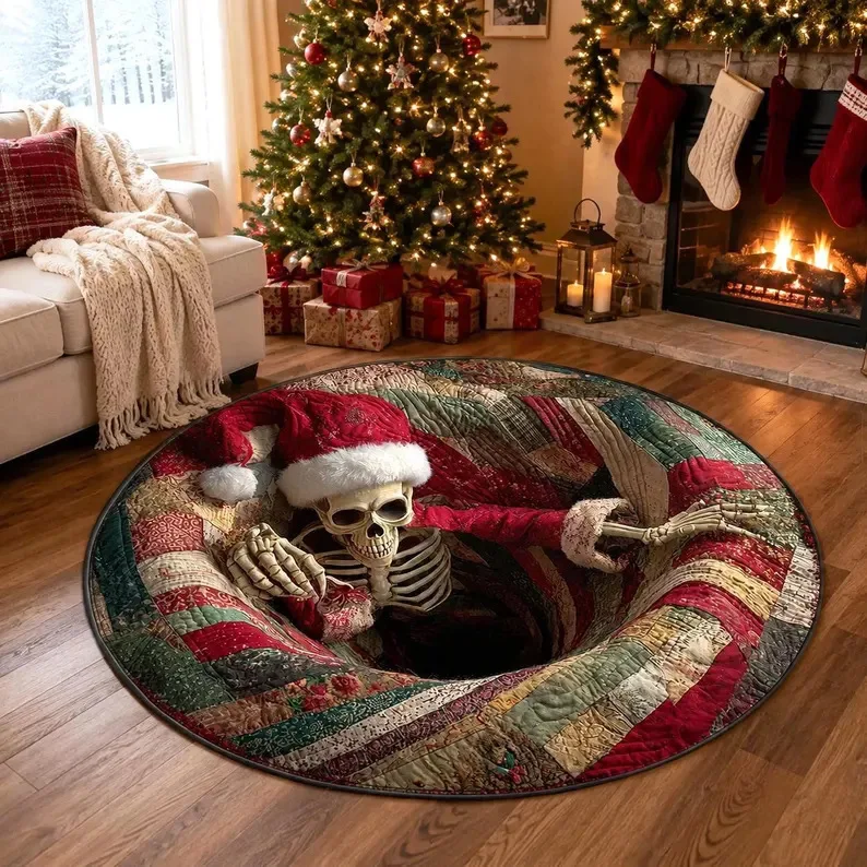 VIKAMA Skull Christmas Swirl 3D Illusion Round Rug Soft Flannel Non-Slip Bedroom Bedside Living Room Christmas Carpet Cozy Home
