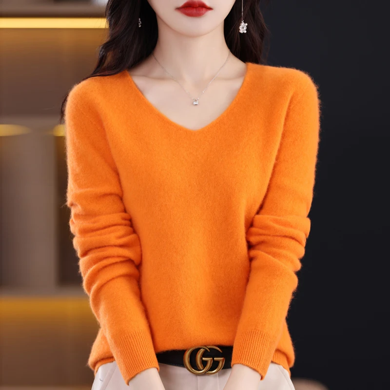 Cashmere Sweater Women\'s 100%Merino Wool V-Neck Fashion Pullover Winter And Autumn Pullover Basic Knitted Top Wholesale Discount