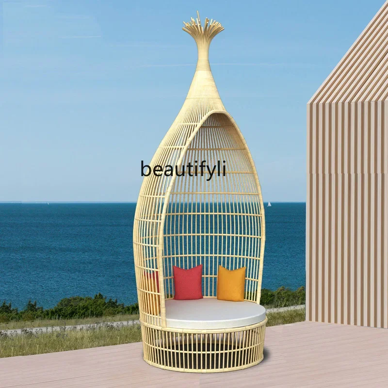 

S Nordic outdoor rattan, courtyard garden lounger hotel, leisure round bed terrace furniture