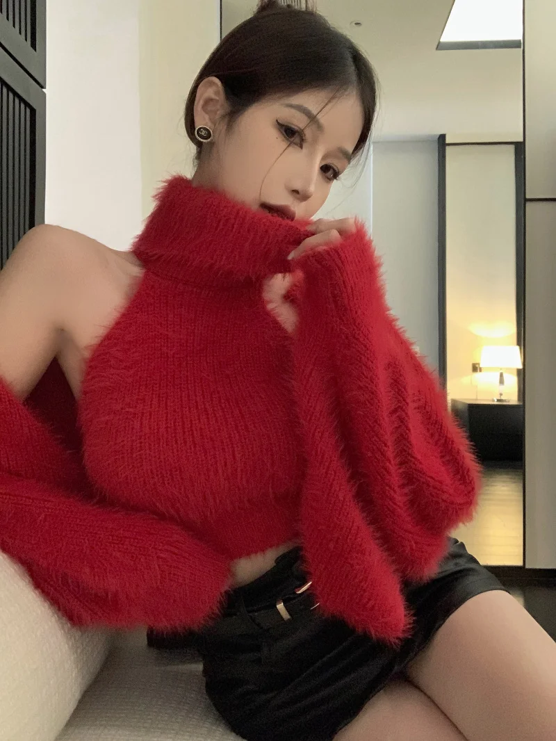 

Red New Year Knitted Sweater Set Pure Desire Sweet And Spicy Girl Sexy Two-Piece Set Top for Autumn Winter Commute Sle