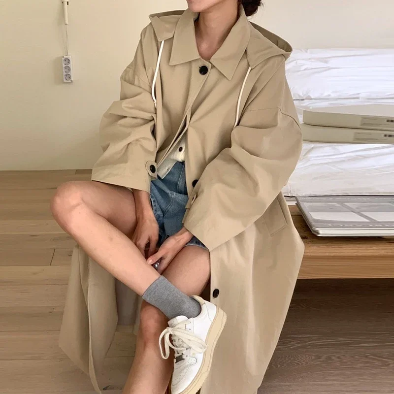 

South korea Chic Autumn Retro British Sle Detachable Hood Single-Breasted Loose Mid-Length Trench coat Outerwear Women