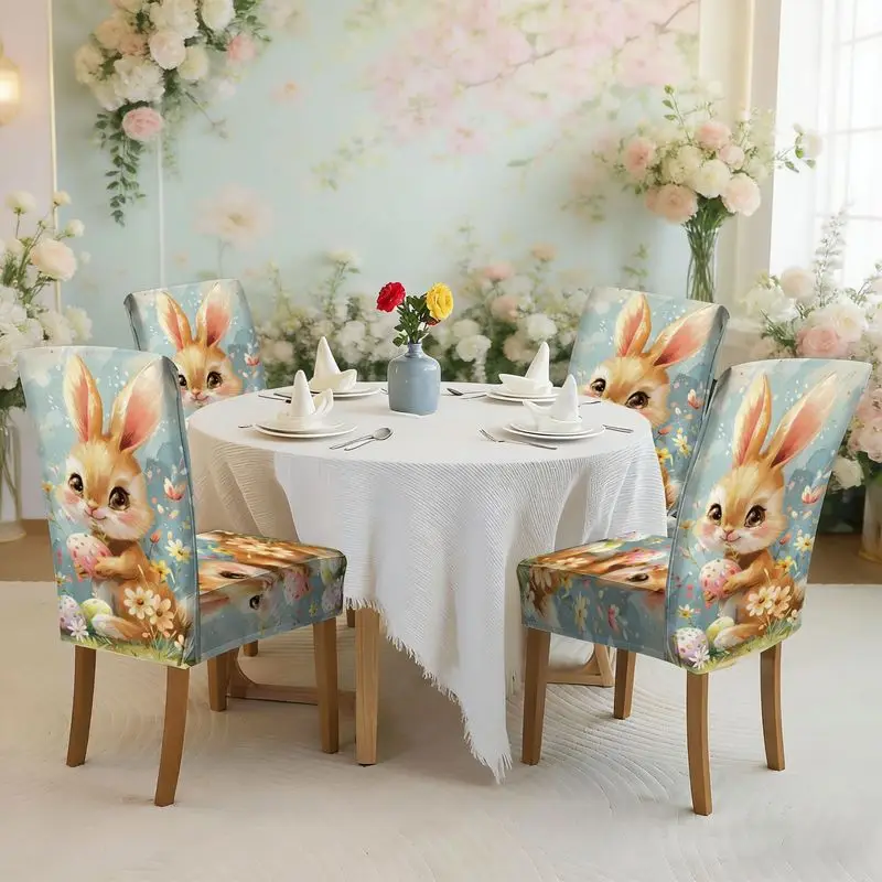 Flat print elastic dining chair cover set Cartoon brown rabbit with colored spot powder egg pattern, easy to install