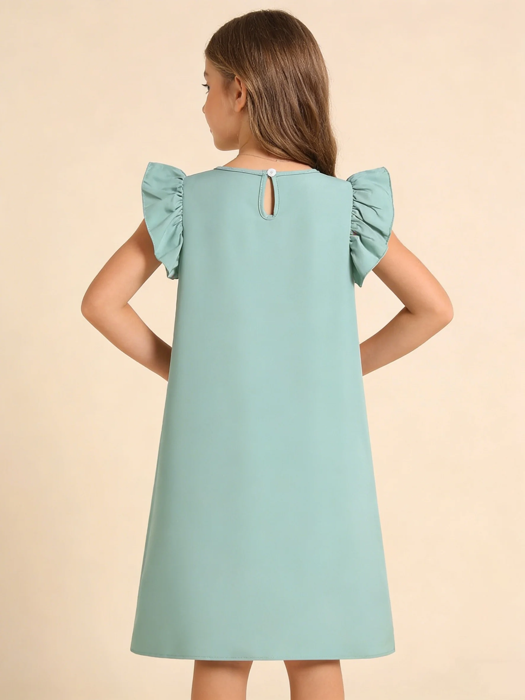 Summer Cute Round Neck Flying Sleeve Solid Color Dress For Middle-Aged Girls, Fashionable And Stylish Dress
