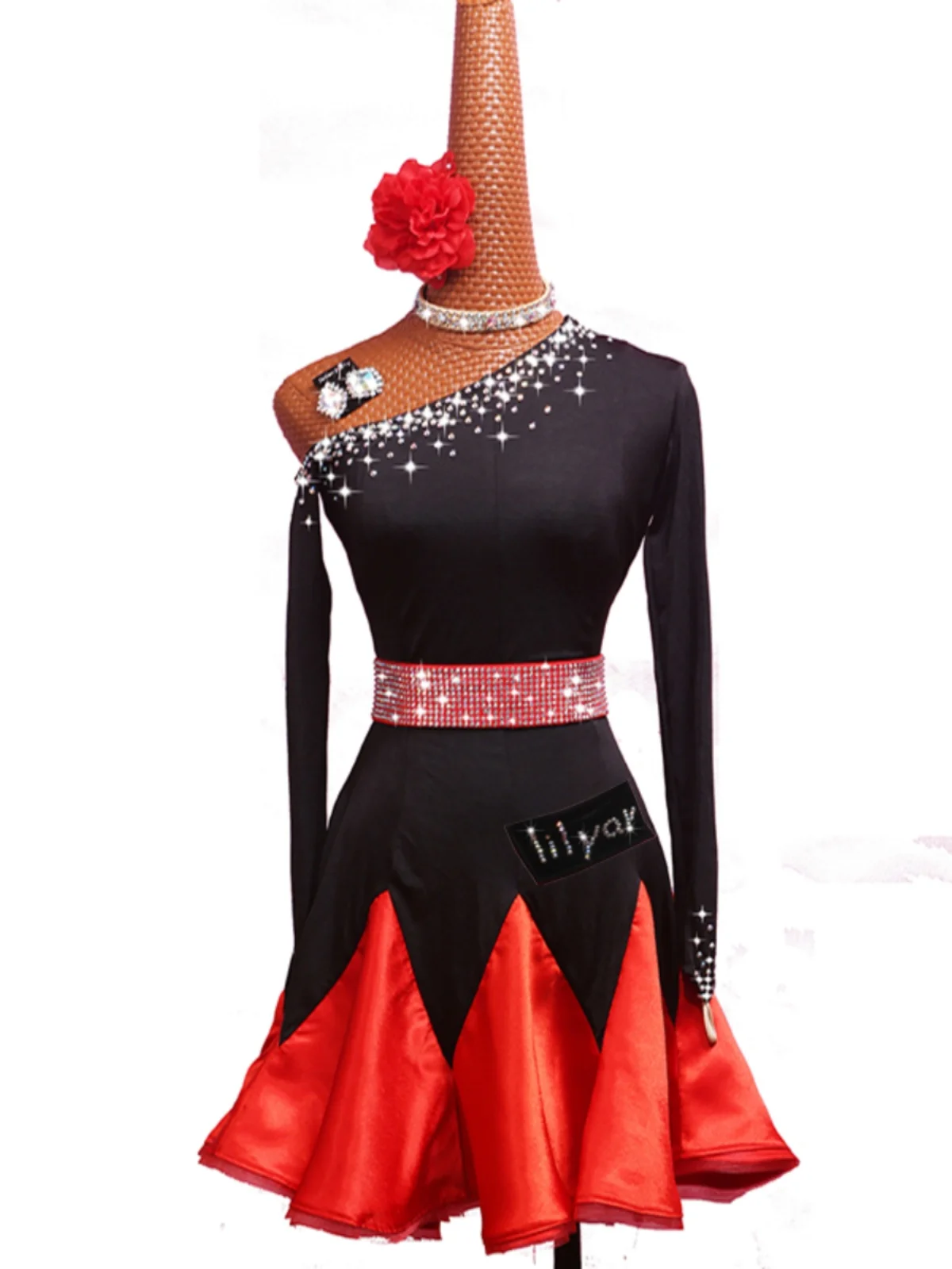 Latin Dance Diagonal Shoulder Black Red Skirt Flash Drill Practice Performance Children's Dress