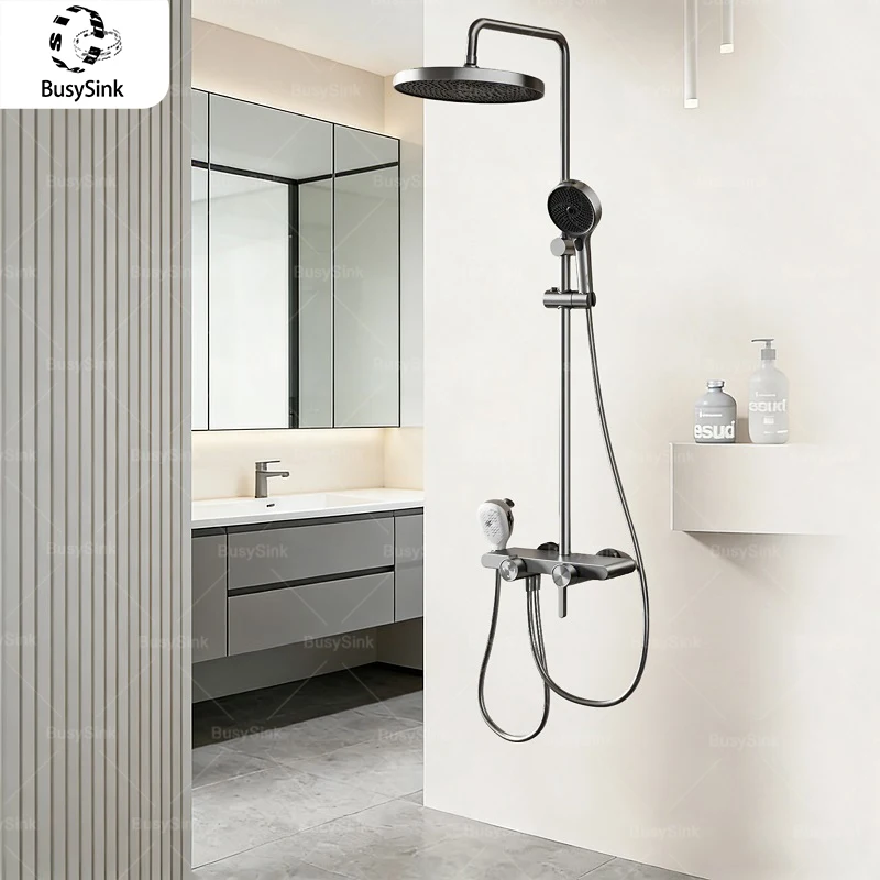 

Bathroom Shower System Set With Silicone Brush Head MultiFunction Foam Children Shower Head Gunmetal Gray Aluminum Shower Set