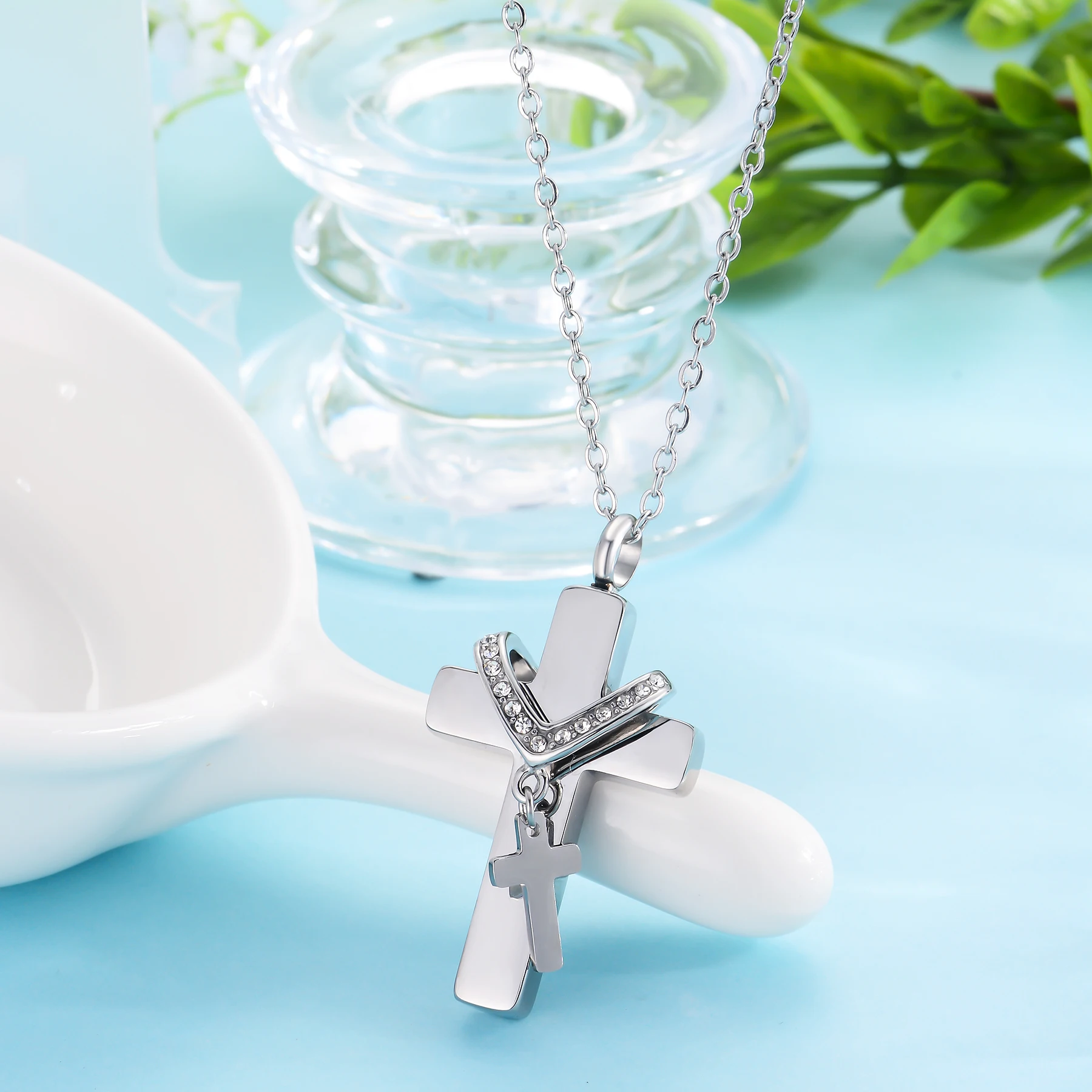 Klassische Kreuzflügel-Urnenkette für Asche, Gedenk-Anhänger aus Edelstahl, Halskette, Dropshipping – Detail 10