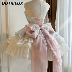 Lolita Princess Dresses Women 2024 Summer New Pure Desire Style Large Swing Sling Dress Sweet Bow Lace Short Pettiskirt Vestidos