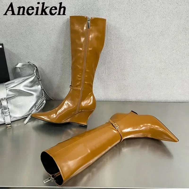 Aneikeh Patent Leather Wedge Heel Long Boots High Cut Fashion Women's Pointed Belt Buckle High-heeled Side Zipper Design Shoes