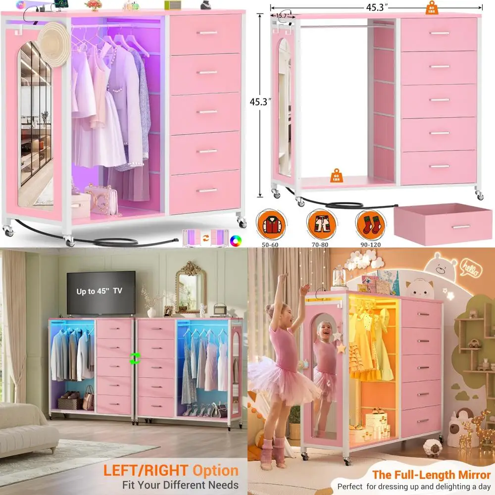 

Комод для спальни с вешалкой для одежды, зеркалом, 5 тканевых ящиков, зарядная станция, светодиодная подсветка, шкаф для хранения на колесиках