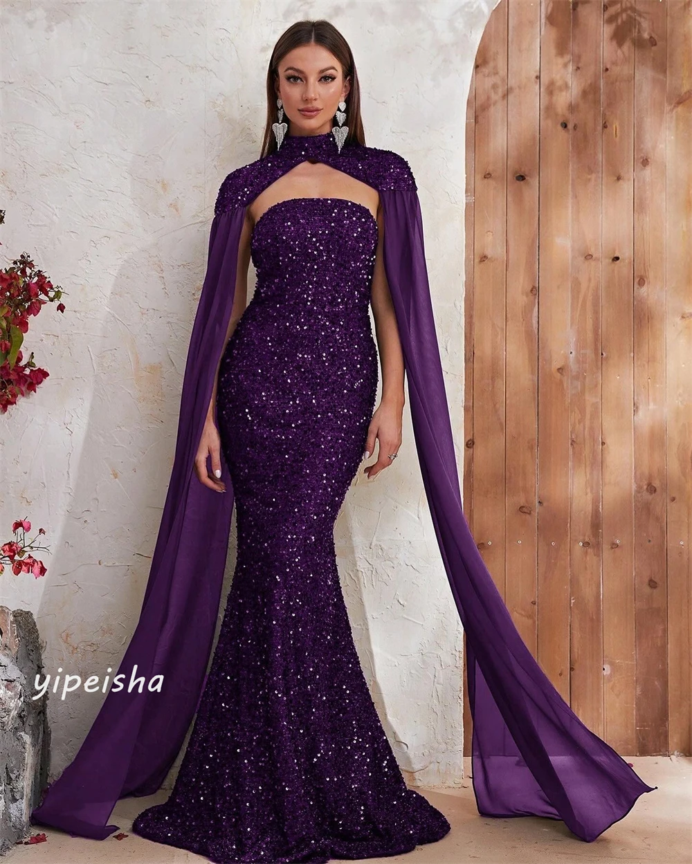 Sequin Draped Pleat Cocktail Party Mermaid High Collar Bespoke Occasion Gown Long Dresses