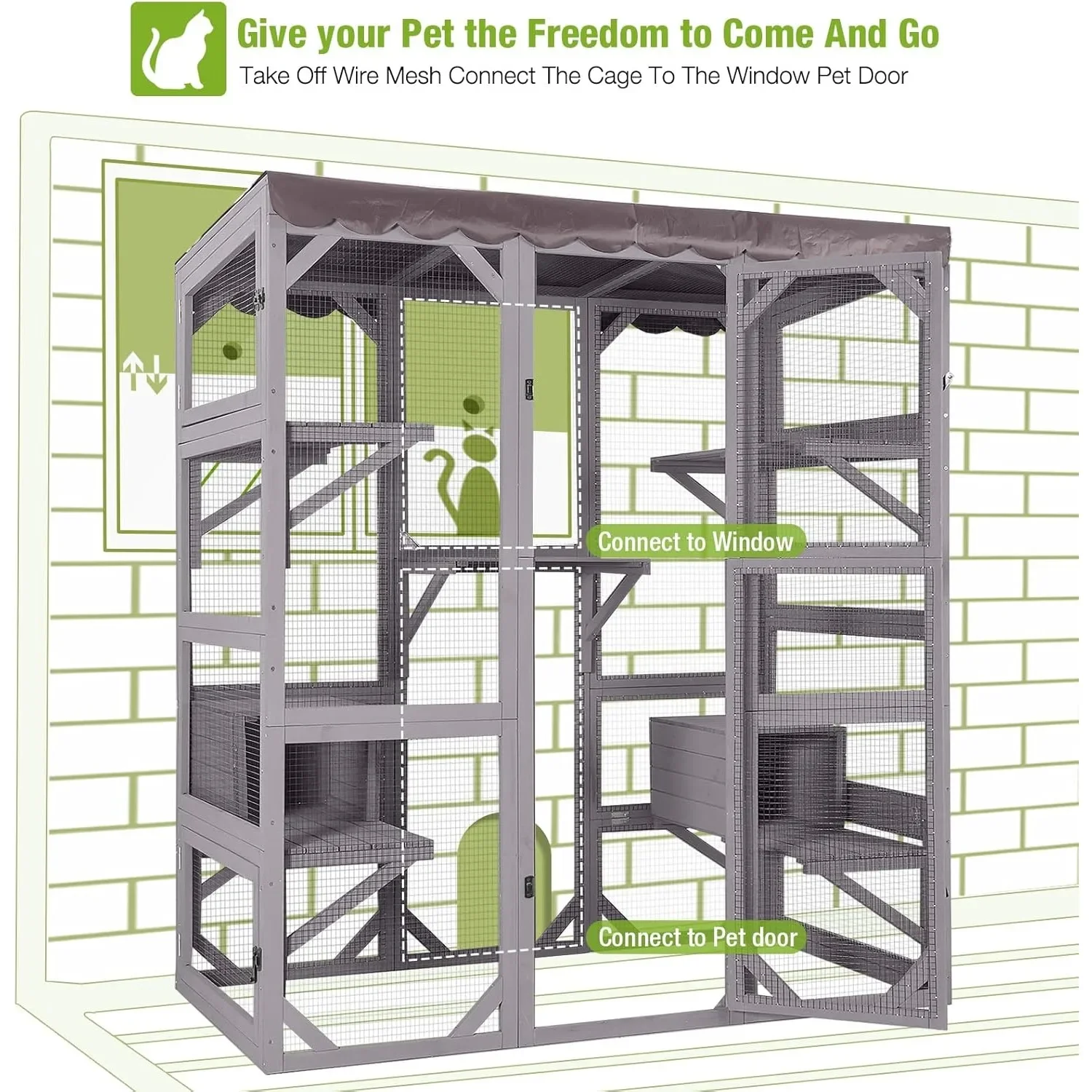 HOT Extra Large Outdoor Cat Enclosure Walk in Window House with 7 Platforms 2 Resting Boxes Tarp Roof