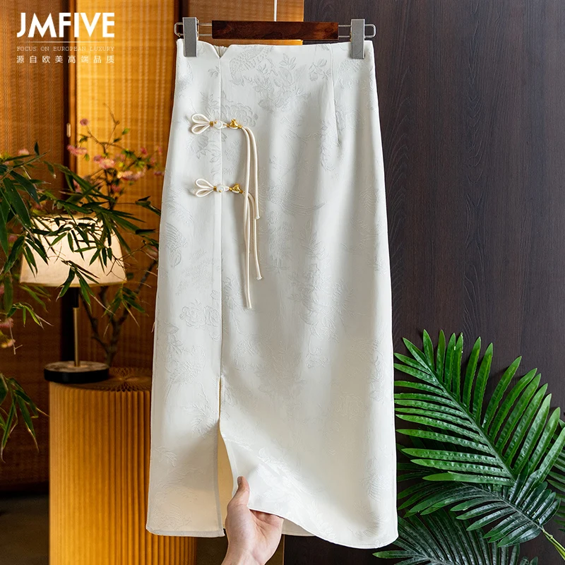 National Style Rayon Jacquard White Half-Skirt for Women, 2026 Autumn New Product, Elastic Waist, Tassel, Buttoned, Slit, Hip-Hugging Skirt