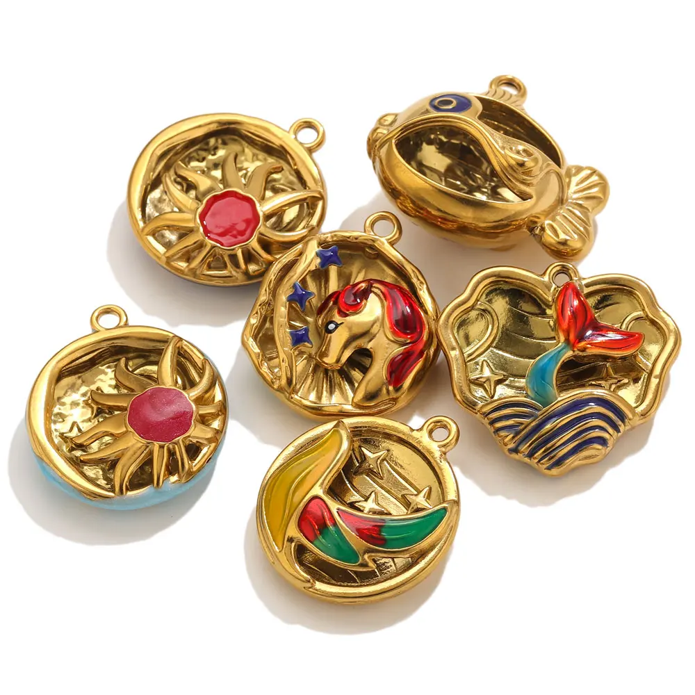 1pcs Stainless Steel 3D Enamel Unicorn Charms For Jewelry Necklace Pendants DIY Bird Sun Fish Hollow Charms Jewelry Accessories - view 6