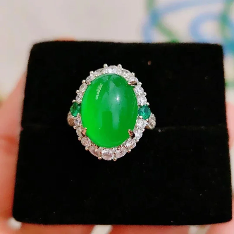 925 silver-plated inlaid high-ice emperor green chalcedony living women's ring green agate jade women's ring