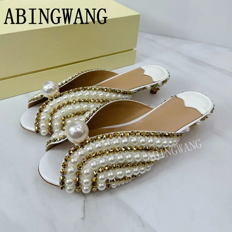 

High Quality New Leather Pearl High Heel Slippers Slip On Open Toe Crystal Mules Casual Summer Party Dress Shoes For Women Mujer