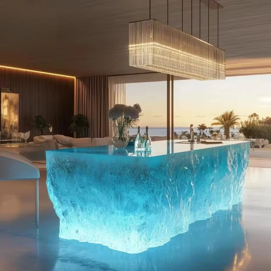 Residence Art Bar Counter Luminous Crystal Island Counter Transparent Resin Glacier Tea Table For Reception Desks Shop Furniture