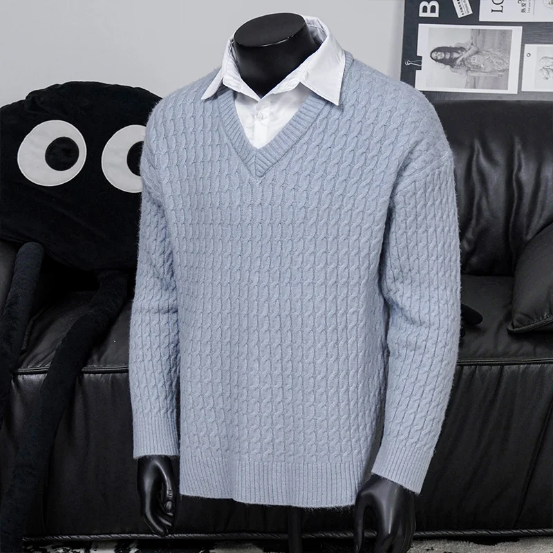 

Men's Fake Two-piece Shirt Sweater Knitted Twist Striped Student Base Shirt Pullover Top