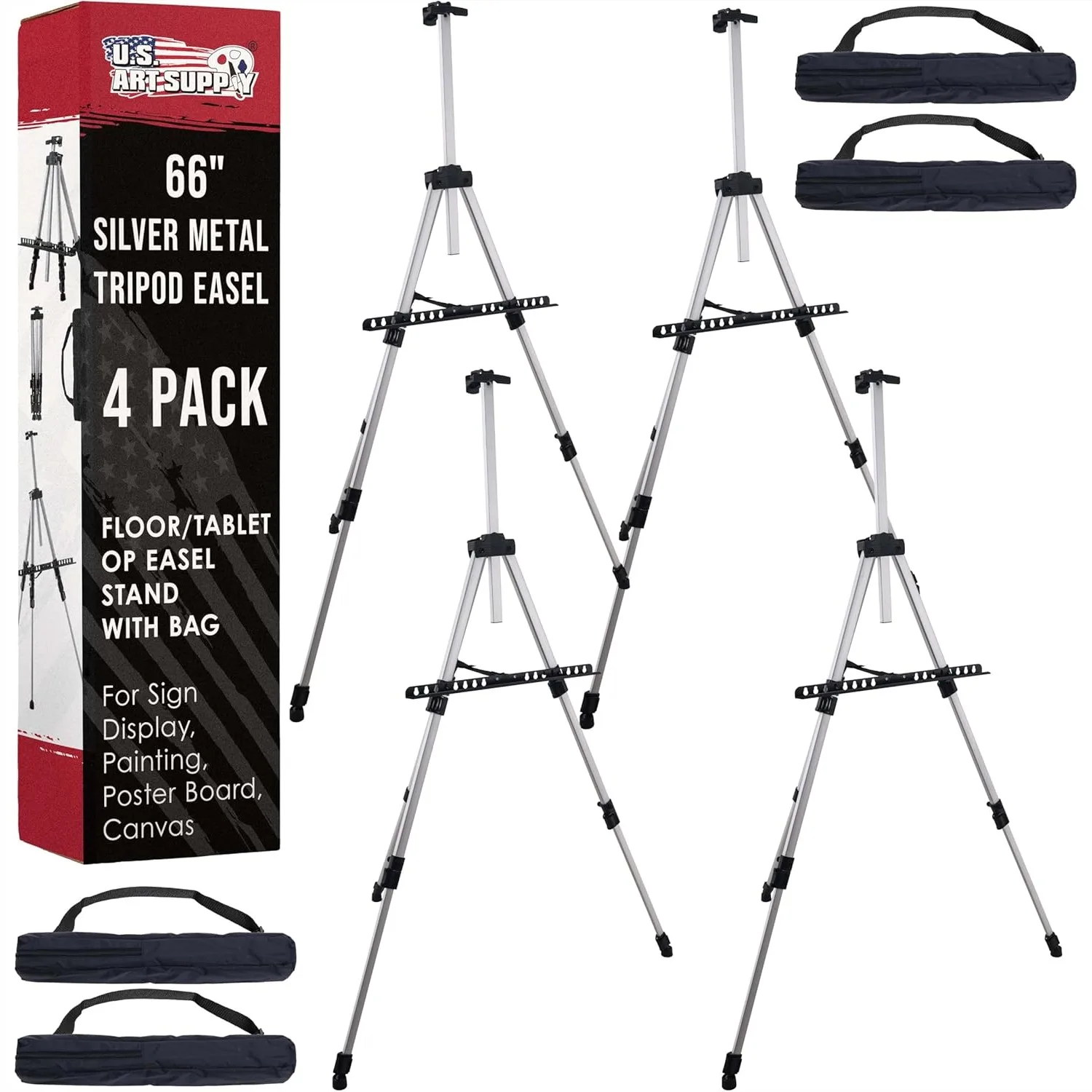 

66" Silver Metal Tripod Easel Display (4 Pack) - Adjustable 18"-5.5', Holds 36" Canvas - Floor/Tabletop Stand with Portable Bag