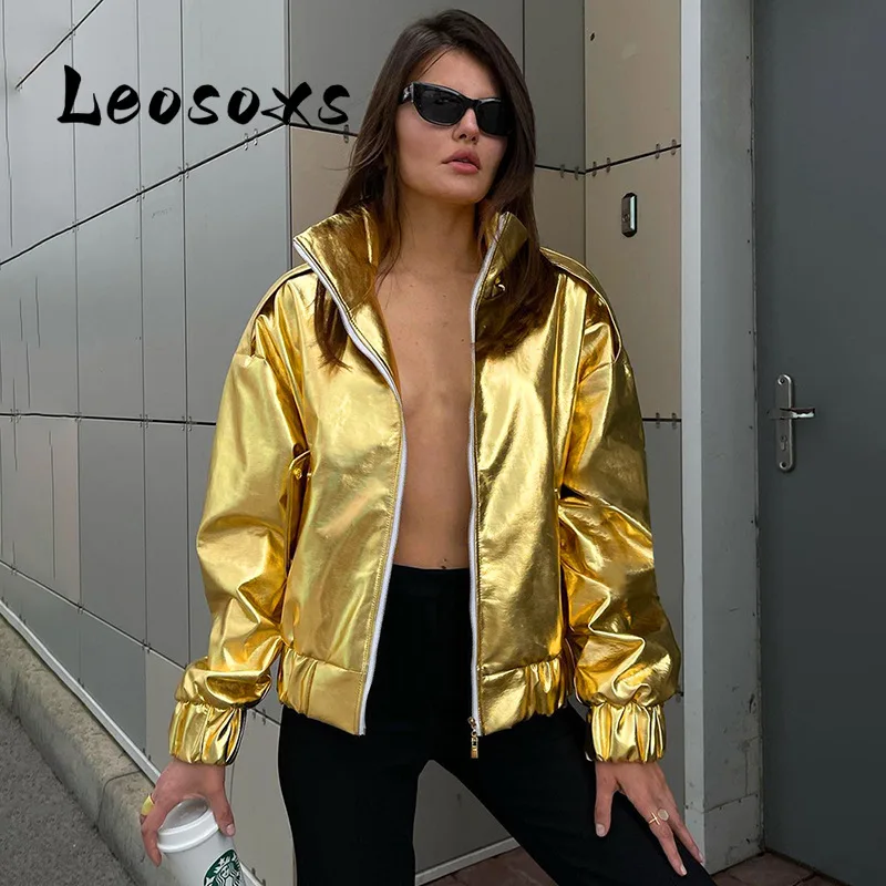 Leosoxs Metallic Golden Silver Women Jacket Casual Long Sleeve Zipper Pocket Pleated Female Coat 2024 Autumn Street Lady Outfits