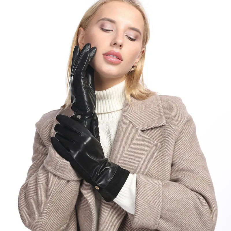 

Genuine Goat Leather Gloves Women Warm Wool Lining Touchscreen Outdoor Cycling Driving Motorcycle Gloves