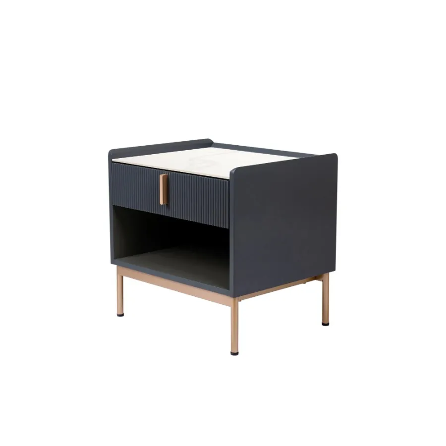 White Grey End Table Stone Top Gold Frame Modern Nightstand