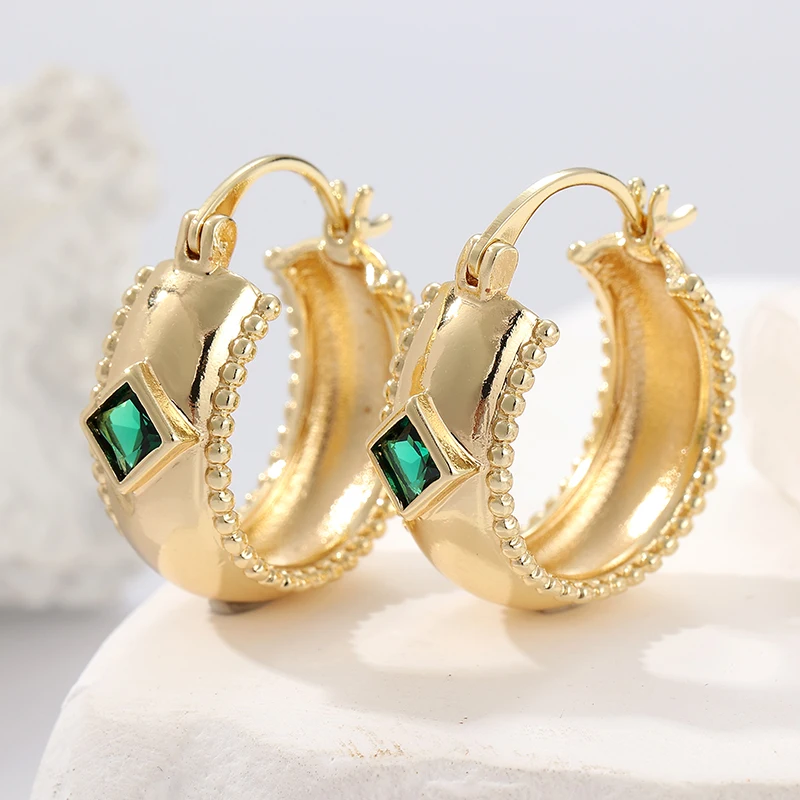 Ethnische goldfarbene Ohrringe mit grünem Stein für Damen, quadratisch, für Partys und den Alltag – Detail 1