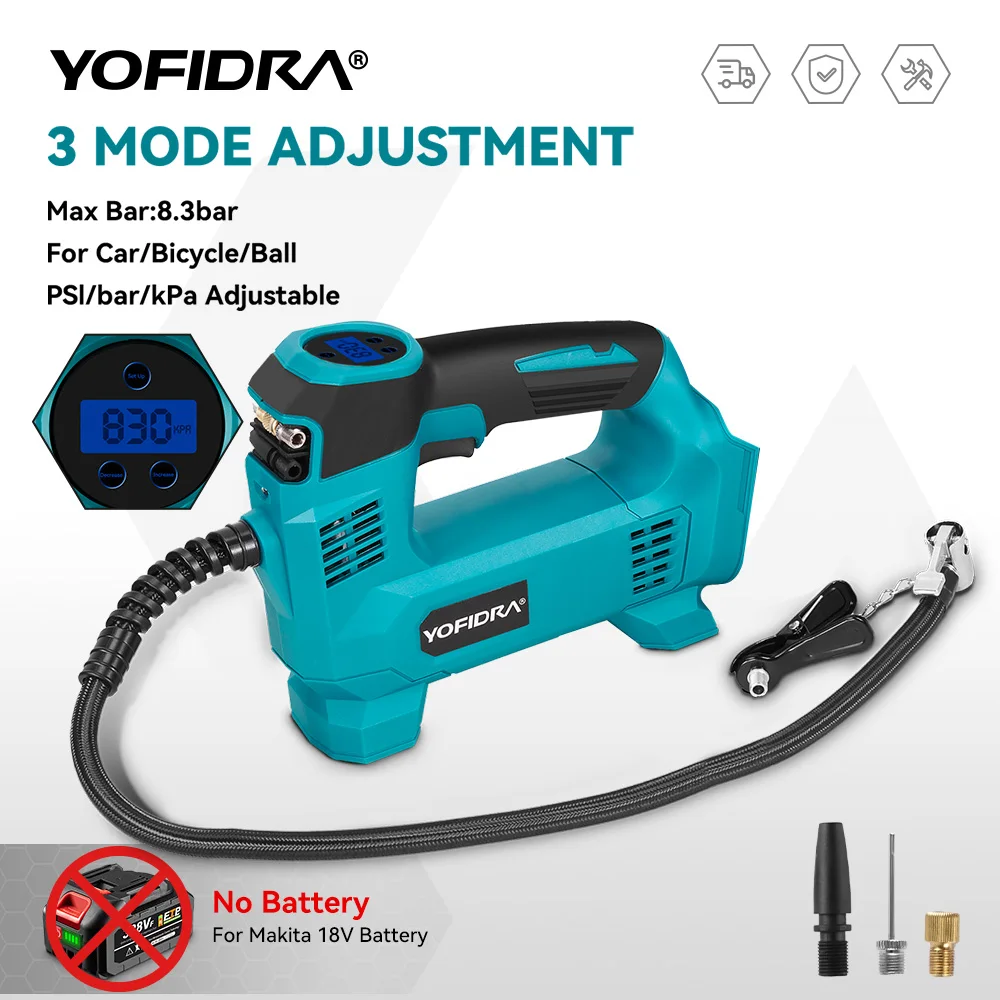 YOFIDRA 830Kpa Cordless Electric Air Pump Motorcycle Ball Car Pneumatic Power Tool With LED Display For Makita 18V Battery Pin