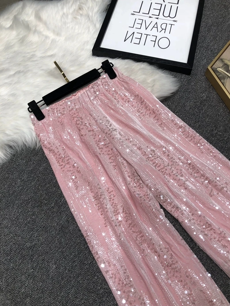 Sweet Pink Velvet Sequins Straight-Leg Trousers Women 2024 Autumn New Glossy Casual Mop Wide Leg Pants Korean Fashion Y2k Pants