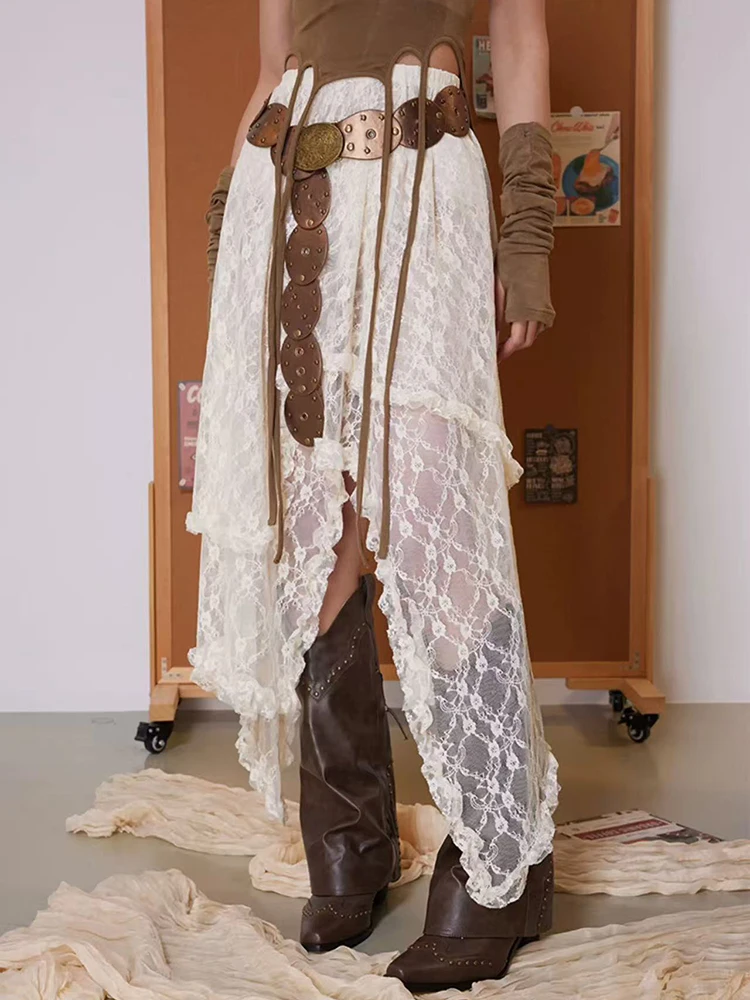 Y2K غير النظامية الدانتيل ميدي التنانير للنساء عالية الخصر الشارع الشهير مثير الجوف خارج تنورة طويلة الكورية شيك غير المبطنة ألف خط التنانير جديد