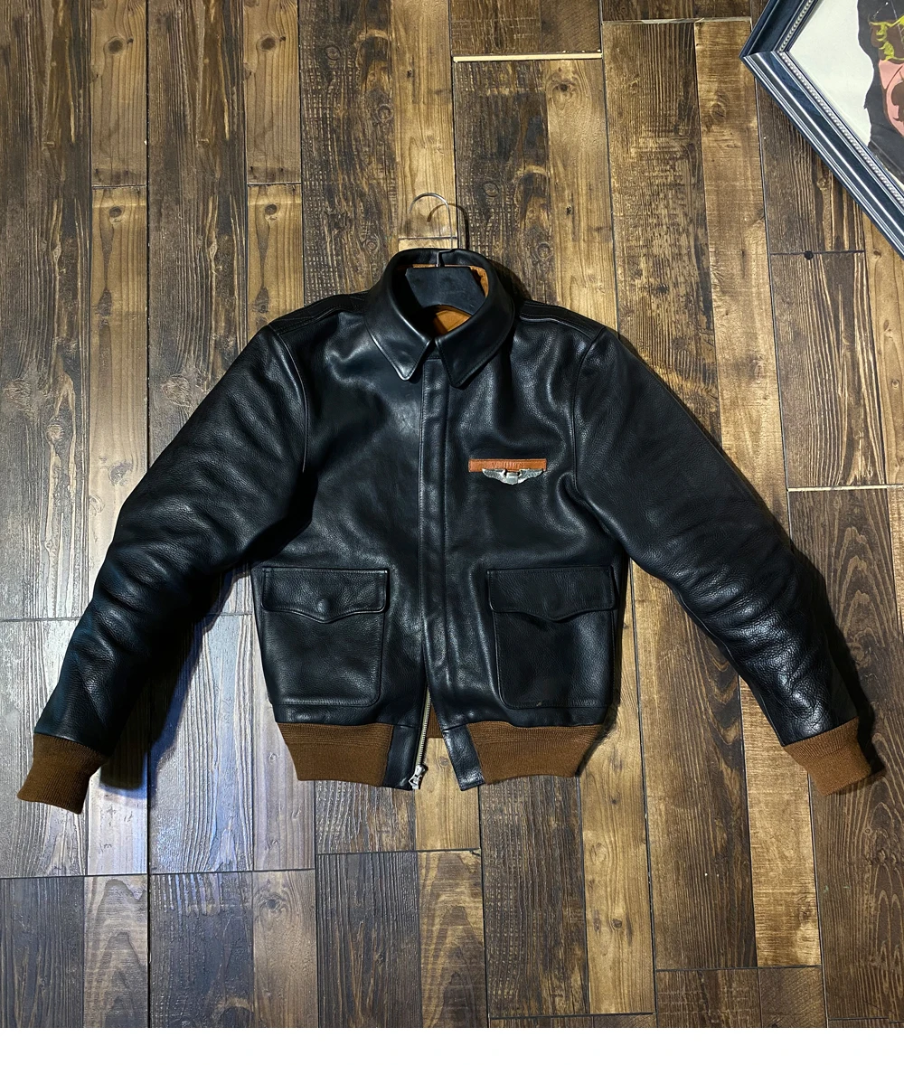 YR!Free shipping.Luxury tanned 1.4mm thick cowhide A2 jacket.Classic vintage Flight leather coat.quality black leather vlothes