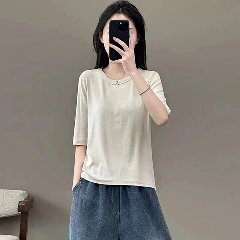 2024 Spring/Summer New Round Neck High Elasticity Shirt Girl's Fashionable Temperament Leisure Time